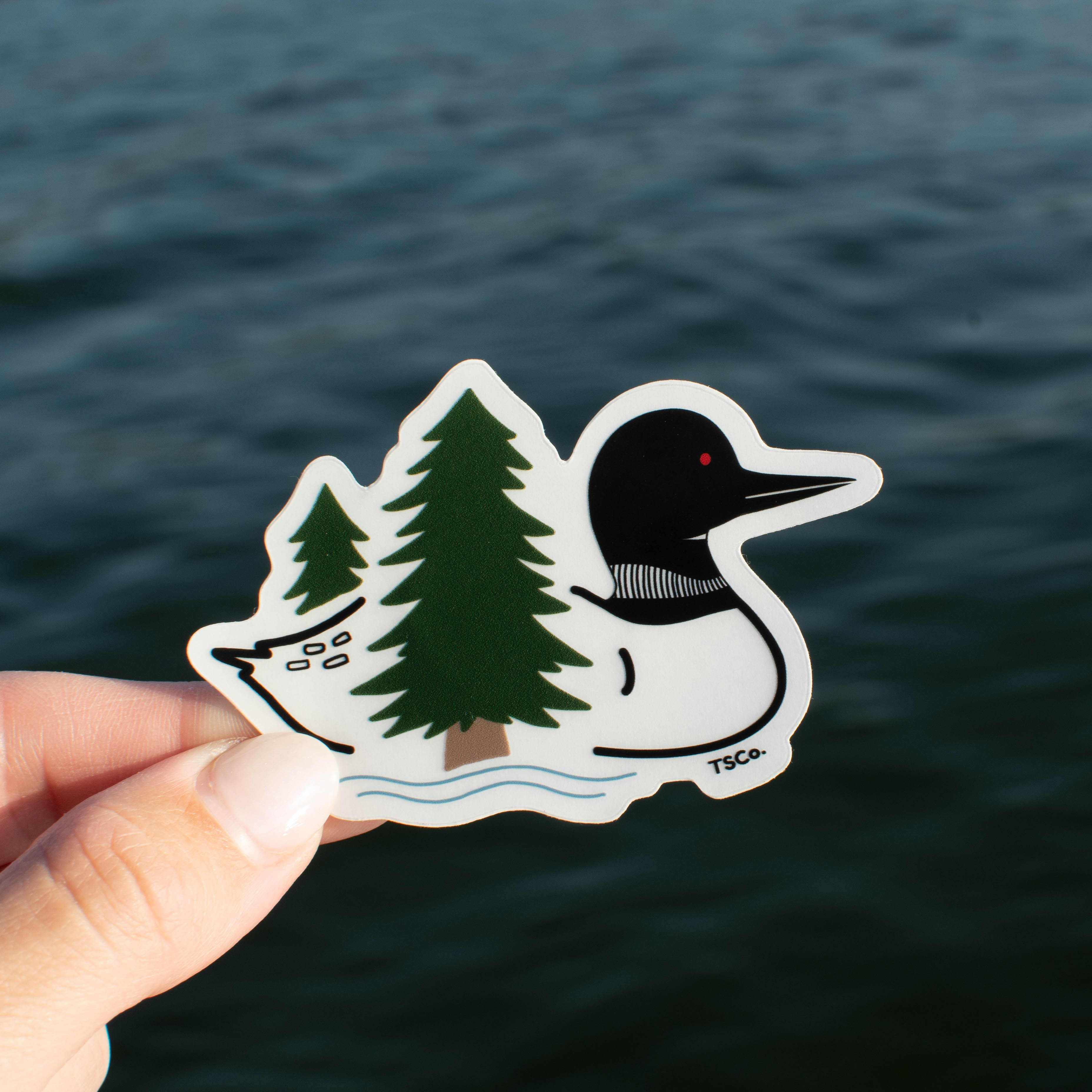 A hand holds a die-cut sticker featuring a stylized loon with pine trees, shown against a blurred background of dark blue water.