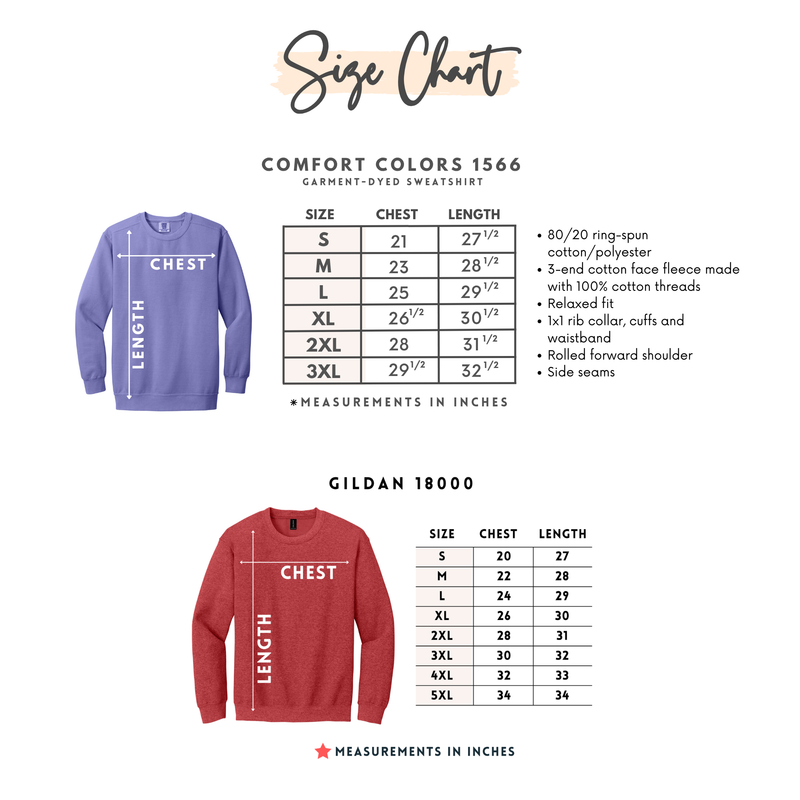 Size chart for TSCo. Crewneck Sweatshirt