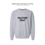 A color-option image showing the heather grey color sweatshirt on a white background. Above the sweatshirt, text reads 'AMERICAN APPAREL RF496' and 'UNISEX REFLEX SWEATSHIRT'.