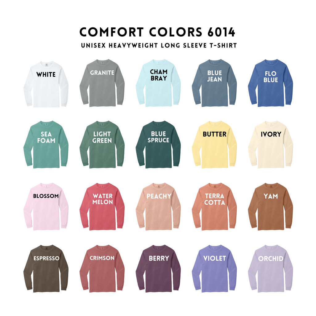 A color-options grid showing 20 heavyweight long sleeve t-shirts in different named colors, arranged in a 4-by-5 layout on a white background. Above the shirts, text reads 'COMFORT COLORS 6014' and 'UNISEX HEAVYWEIGHT LONG SLEEVE T-SHIRT'.
