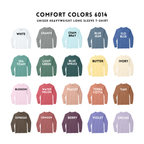 A color-options grid showing 20 heavyweight long sleeve t-shirts in different named colors, arranged in a 4-by-5 layout on a white background. Above the shirts, text reads 'COMFORT COLORS 6014' and 'UNISEX HEAVYWEIGHT LONG SLEEVE T-SHIRT'.