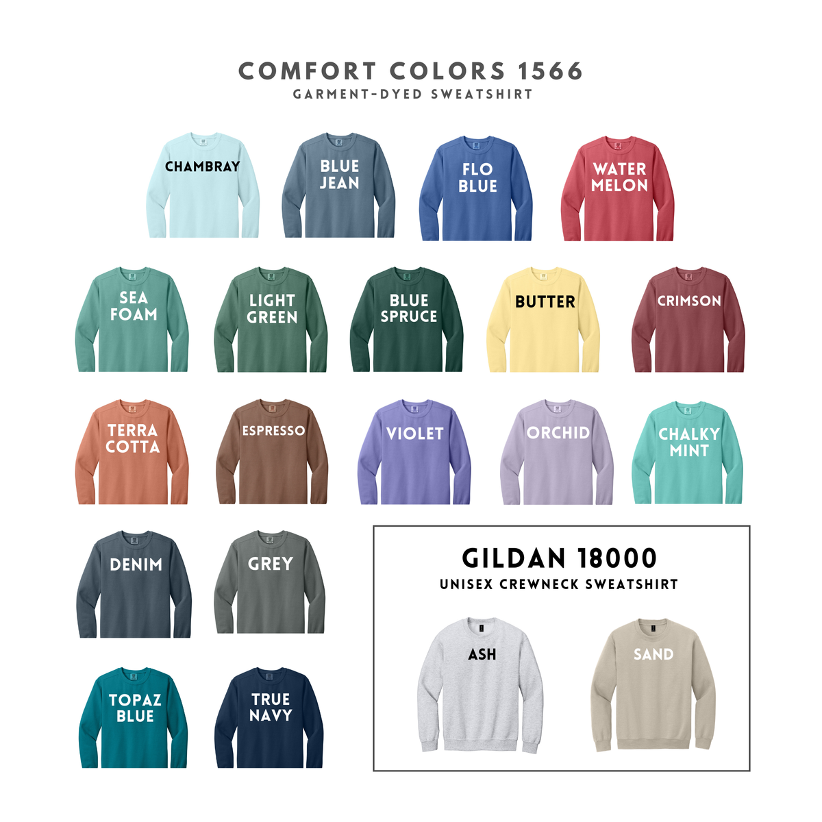 A color-options grid showing multiple crewneck sweatshirts in 20 different named colors, with text reading 'COMFORT COLORS 1566' at the top and 'GILDAN 18000' at the bottom. The sweatshirts are arranged in rows on a white background, each labeled with a color name.