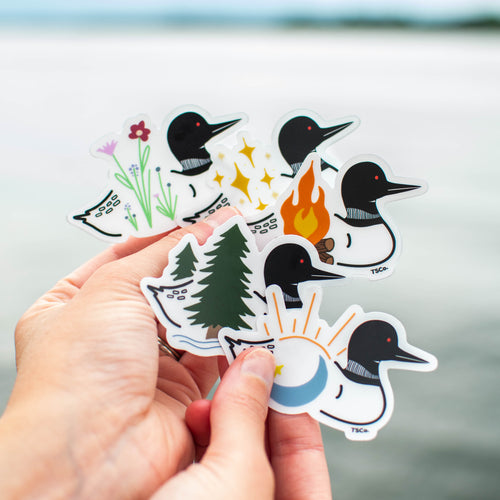 A hand holds a fan of die-cut stickers featuring illustrated loons and nature motifs, including flowers, stars, a campfire, pine trees, and a moon, against a blurred outdoor background.