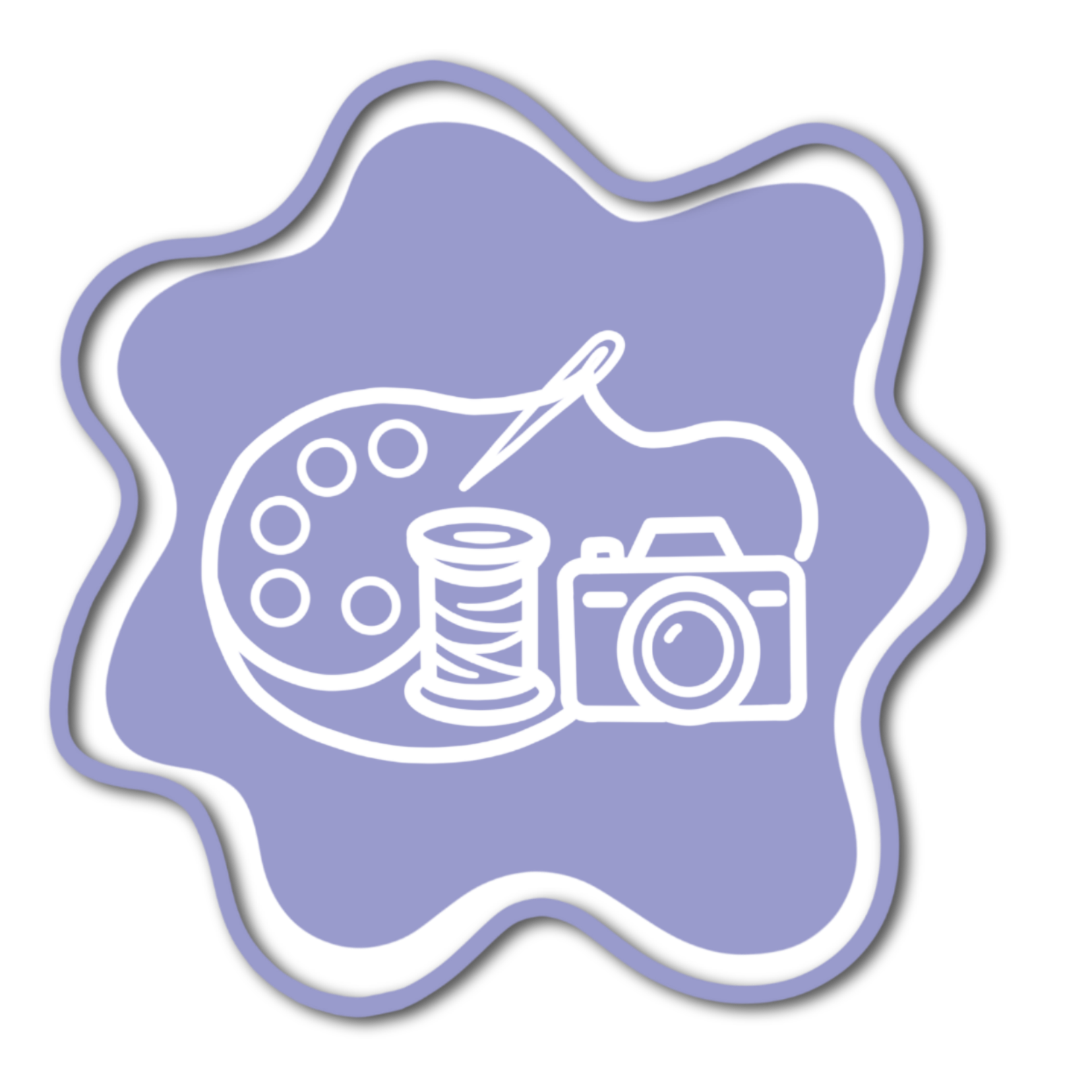 A lavender wavy scribble shape featuring white line-art icons of a paint palette, thread needle, thread spool, and camera.